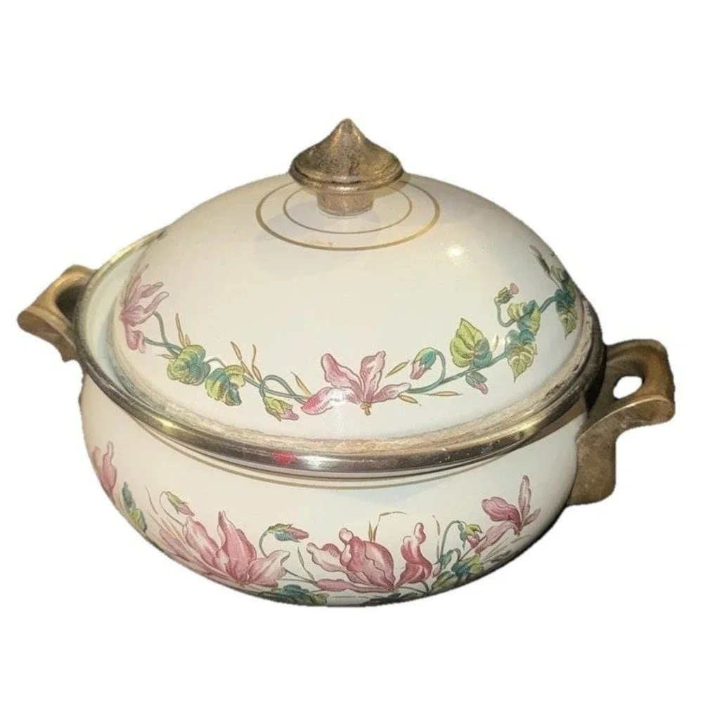Vintage ASTA Enamelware Cooking Pot & Lid Brass Handles Pink Flowers
